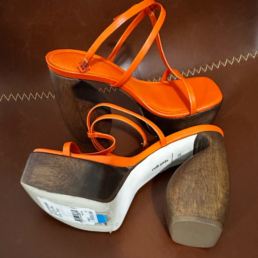 cult gaia Orange Leather Strappy Wooden Platform Sandals